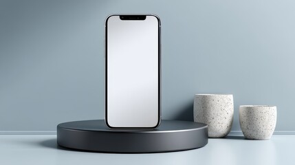 A modern smartphone sits on a dark podium surrounded by decorative ceramic planters in clean studio setting.