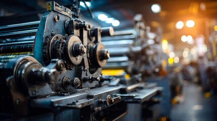Fototapeta premium Industrial printing press in full operation, showcasing intricate machinery details. Precision and efficiency in modern manufacturing. 