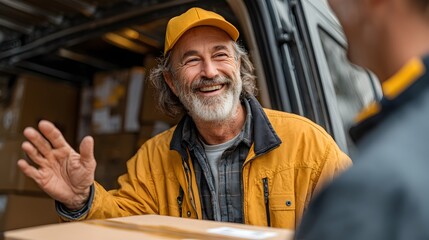 A happy delivery driver waves while holding a package near his van; a smiling coworker is in the background.