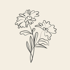 Elegant Minimalist Line Art Drawing of Two Flowers with Leaves