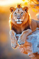 Obraz premium A lion laying on top of a rock in the sun