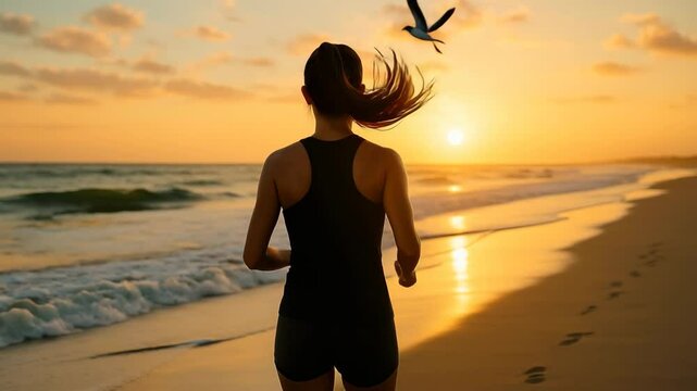 Slow motion of a women in sport attire running along a beach during sunset