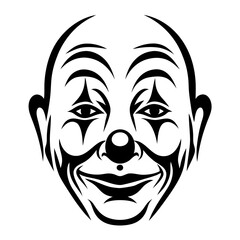 A Monochrome Illustration of a Smiling Clown Face with Bold TribalStyle Makeup