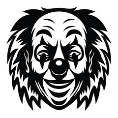 A menacing black and white illustration of a sinister clown face with a wide smile