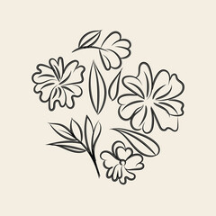 Elegant Black Line Art Floral Design with Simple Flowers and Leaves