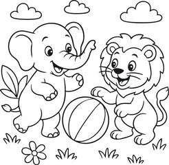 Cute cartoon elephant and lion playing with a bal