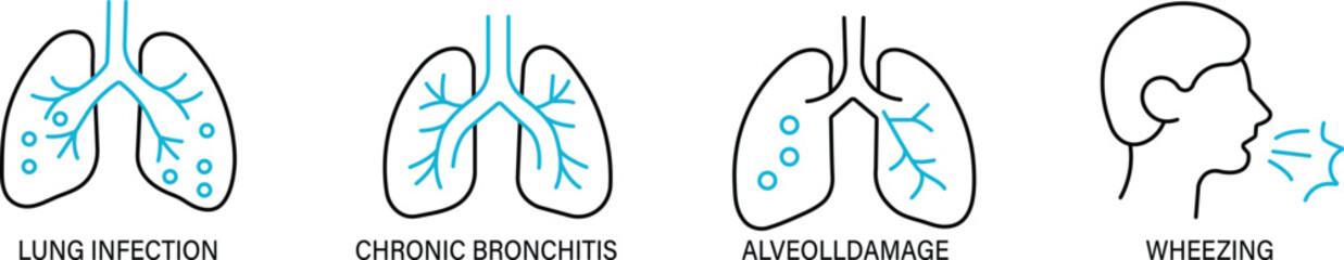 Lung disease line icon , respiratory issue, asthma, cough, lungs, breathing problem, chest pain, virus, infection, and medical care.