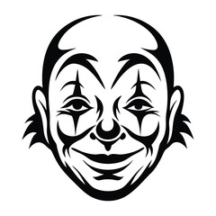 A stylized black and white illustration of a smiling clown face