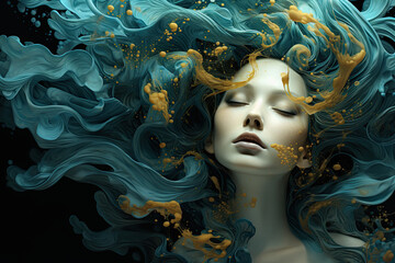Artistic Portrait of a Model in Dreamy Underwater Beauty with Colorful Fluid Elegance and Surreal Magic in Teal and Orange