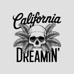 Retro California skull with hat and palm leaves. Vintage t-shirt graphic.