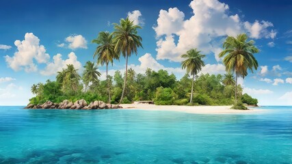 Obraz premium Tropical island paradise with palm trees azure water and white sandy beach under blue sky