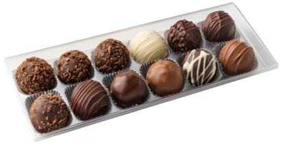 
A tray of assorted chocolates with a white background
