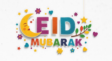 Paper Craft Eid Mubarak. Colorful Islamic Holiday Greeting