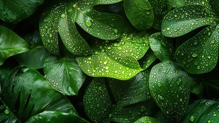 Obraz premium Lush green leaves covered in water droplets