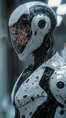 A highly detailed AI robot featuring a transparent skull revealing a glowing neural network, set in a sleek, high-tech laboratory environment.