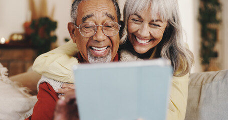 Home, funny and old couple on sofa, tablet and conversation with retirement, app and internet....