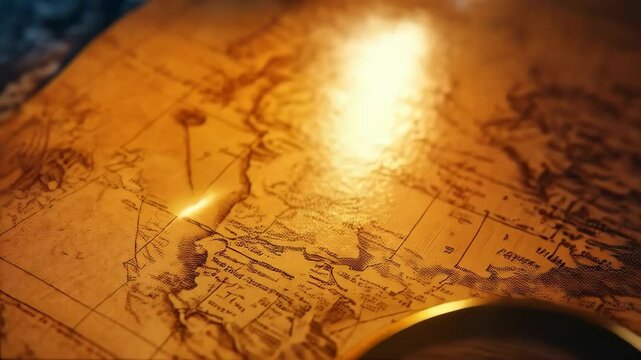 Antique world map with brass magnifying glass and quill pen evokes exploration, discovery and a sense of adventure in golden light