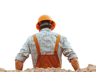 Construction worker observing site progress during workday, cut out - stock png.