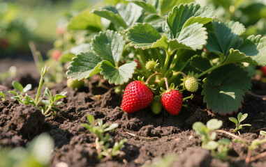 Strawberry plants grow freely in fertile soil, with lush, fresh green leaves. Ripe red strawberries stand out vividly, their tiny seeds clearly visible. The soil is dark brown, loose, and moist, 