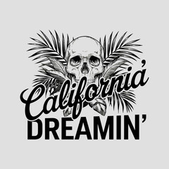 Retro California skull with hat and palm leaves. Vintage t-shirt graphic.
