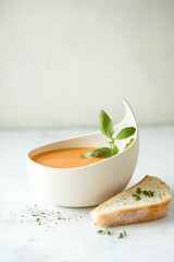 Delicious tomato soup garnished with fresh basil beside a slice of crusty bread, perfect for a cozy meal.