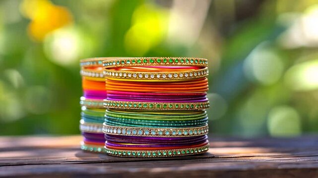 Colorful bangles stacked on wood, nature background