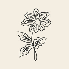 Elegant Black Line Art Flower with Leaves Botanical Illustration
