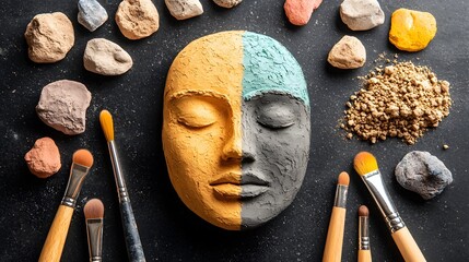 Clay Sculpting Tools and Half-Finished Mask Flatlay