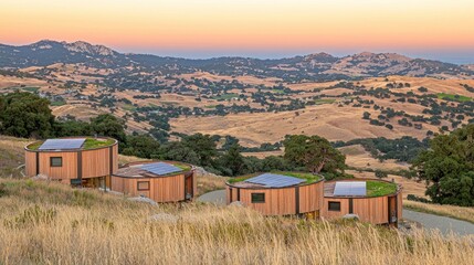Naklejka premium Modern, rounded homes nestled in a hillside valley.