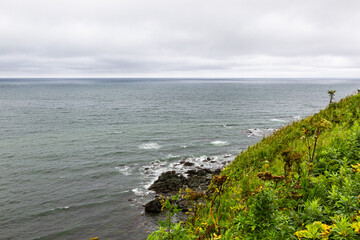 View from Cape Ostry on Sakhalin. Okhotsk Sea coast. Sakhalin, Russia