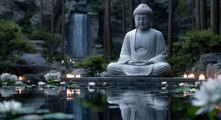 Obraz premium A Buddha statue surrounded by lotus flowers, candles, and warm colors