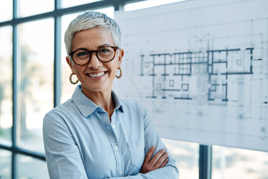 Smiling Mature Woman Portrait with Arms Crossed and Building Plan Background