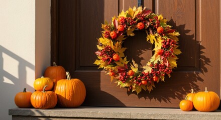 Obraz premium Autumn wreath with pumpkins on wooden door
