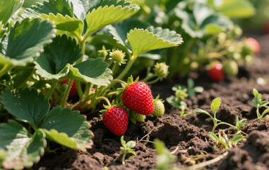 Strawberry plants grow freely in fertile soil, with lush, fresh green leaves. Ripe red strawberries stand out vividly, their tiny seeds clearly visible. The soil is dark brown, loose, and moist, 
