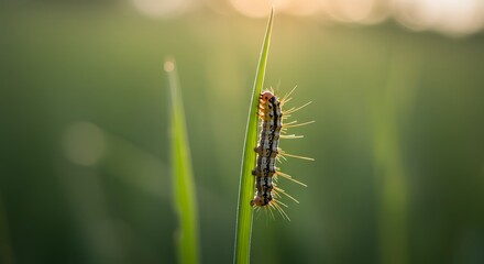 Caterpillar Crawling on Grass Blade, Bright Daylight Focus