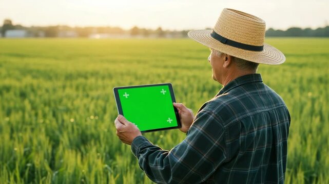 farmer holding a green screen digital tablet with plantation in the background