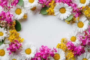 Fototapeta premium Colorful flower arrangement creating a circular frame on a plain background.