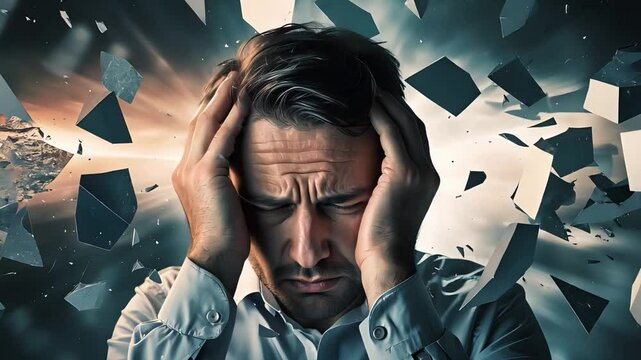 Frustrated man holding his head with exploding shards and debris around him in dramatic concept of pressure, stress, or mental overload

