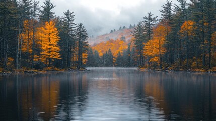 Fototapeta premium Autumnal lake scene with vibrant fall foliage reflected in calm waters