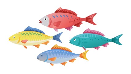 Colorful vector illustration featuring five stylized cartoon fish of various bright colors and decorative patterns JPG.
