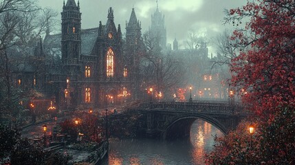Fototapeta premium Misty autumn evening scene, gothic architecture along a canal