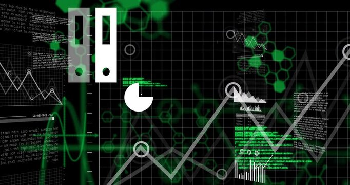 White pie chart icon animating on black canvas, showing green hexagon data visuals in flat design