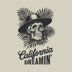 Retro California skull with hat and palm leaves. Vintage t-shirt graphic.