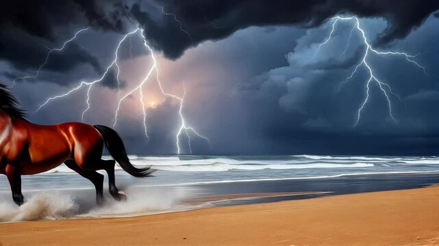 Majestic bay horse galloping along shoreline during dramatic thunderstorm. Lightning bolts illuminate dark stormy sky above ocean waves. Wild stallion running free on sandy beach.