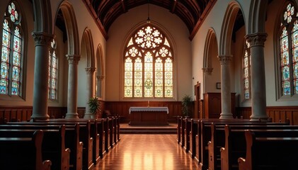 Fototapeta premium Serene interior of a traditional church Stained glass, altar, pews, peaceful atmosphere , altar, religious building, devotion