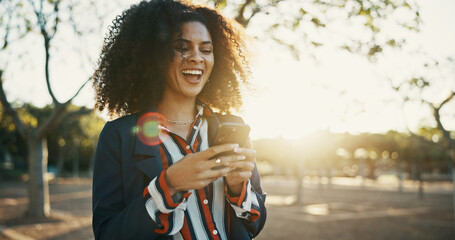 Business, funny and woman with cellphone, outdoor and message to contact, online humor and app....