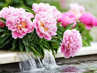 Beautiful Pink Peonies Blooming Near a Cascading Waterfall in a Serene Garden