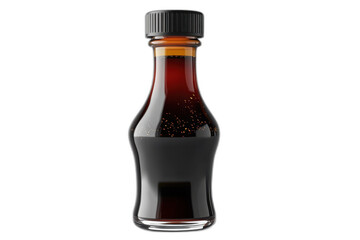 A bottle of sauce with red label, black cap, and liquid inside, isolated on transparent background.