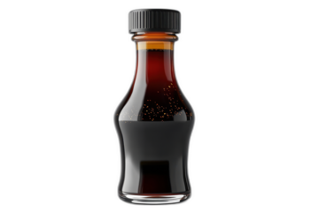 A bottle of sauce with red label, black cap, and liquid inside, isolated on transparent background.