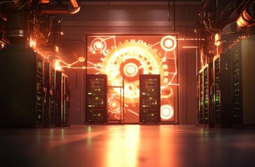 Illuminated server room with gears projection